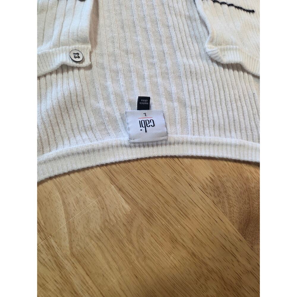 Cabi size large white long cardigan black stripe horizontal close knit cotton - Picture 7 of 13